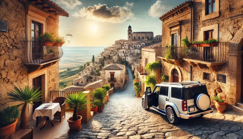 Borgo medievale in Sicilia con strade lastricate in pietra, edifici storici e una vista panoramica sulla campagna. Un’auto NCC di lusso è parcheggiata nelle vicinanze, pronta a trasportare i viaggiatori.