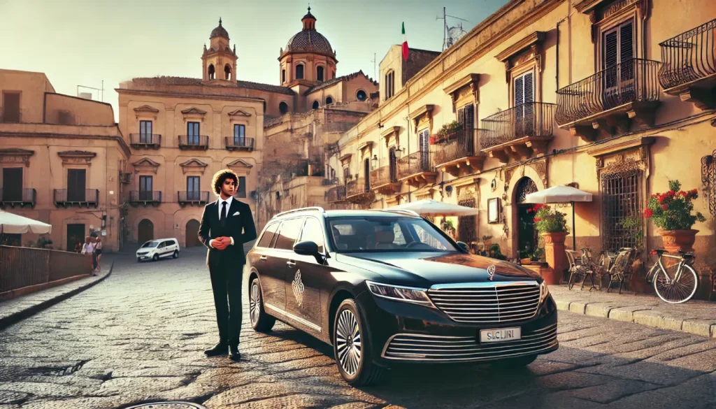 Auto con conducente parcheggiata vicino a un borgo storico in Sicilia, tra strade in pietra e architettura elegante. Il conducente è pronto a offrire un trasferimento comodo e senza stress.