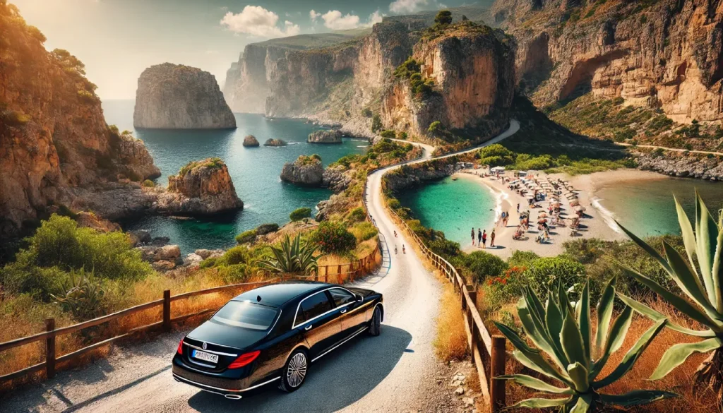 Spiaggia spettacolare in Sicilia con acque turchesi cristalline, sabbia bianca e scogliere rocciose. Un’auto NCC di lusso è parcheggiata su una strada costiera vicina, pronta a trasportare i viaggiatori verso questa destinazione esclusiva.