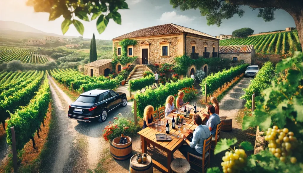 Cantina siciliana in un edificio in pietra, circondata da vigneti. Un gruppo di visitatori è seduto all’aperto degustando vino, mentre un’auto NCC di lusso è parcheggiata nelle vicinanze per un viaggio senza stress.