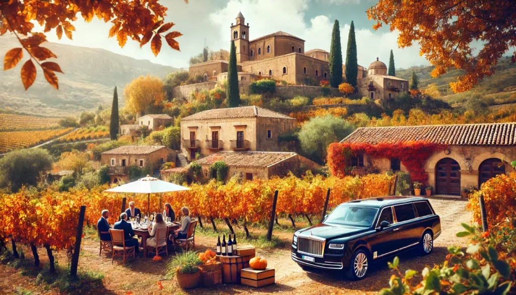Autumn views of a medieval Sicilian village surrounded by the warm colors of the season. An NCC car is parked near a rustic winery as travelers sample wine in a cozy atmosphere. 