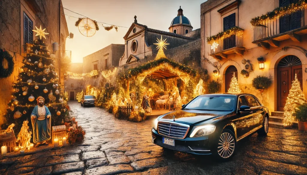 Come organizzare un viaggio di Natale in Sicilia 1 Borgo siciliano illuminato per Natale, con luci festive, un presepe tradizionale e un’atmosfera calda e accogliente. Un’auto NCC di lusso è parcheggiata lungo una strada acciottolata, pronta per offrire un tour natalizio esclusivo ai visitatori.
